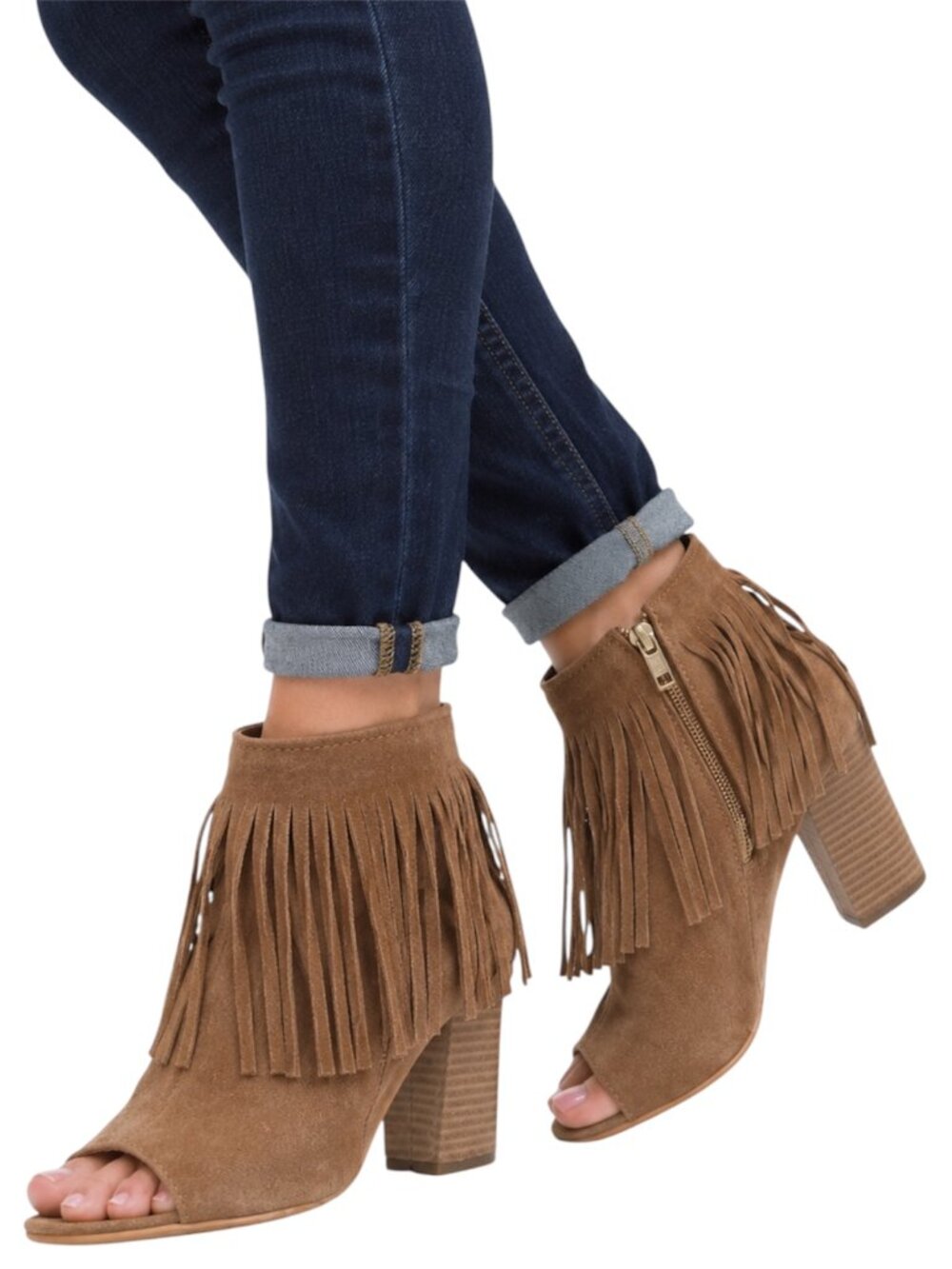 7.5 Carlos by Carlos Santana Jasper Tan Suede Fringe Peep Toe Booties